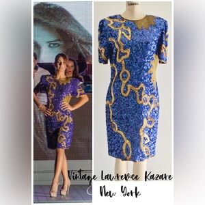 VTG Laurence Kazar XL Silk Sequin Bead Sun Star Dress Blue Gold Celestial 80s